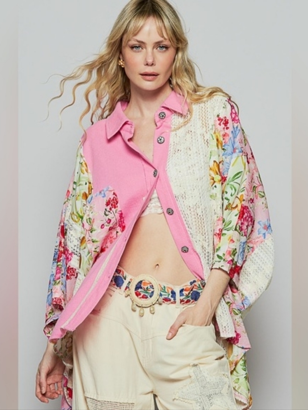 POL Pink Floral Patchwork Lace Button-Up Shirt - Picture 14 of 16